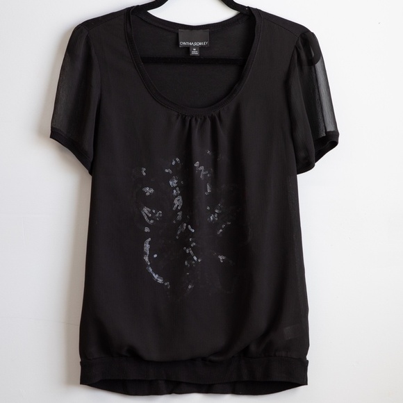 Cynthia Rowley black sheer blouson top-M - Picture 1 of 4